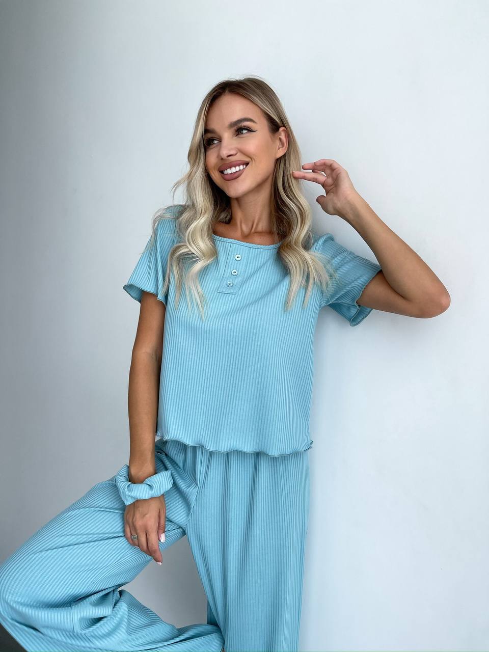 Жіночий домашній комплект трійка (топ+резинка+штани) м'ятного кольору 34013