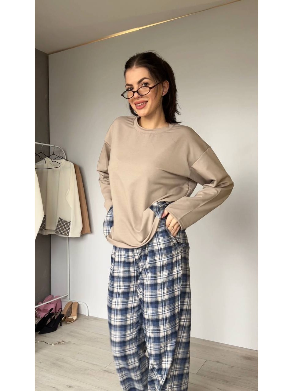 Жіночий домашній костюм в клiтину з бавовни синього кольору  35958