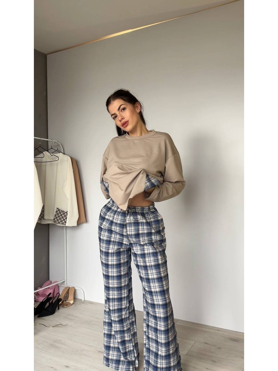 Жіночий домашній костюм в клiтину з бавовни синього кольору  35958