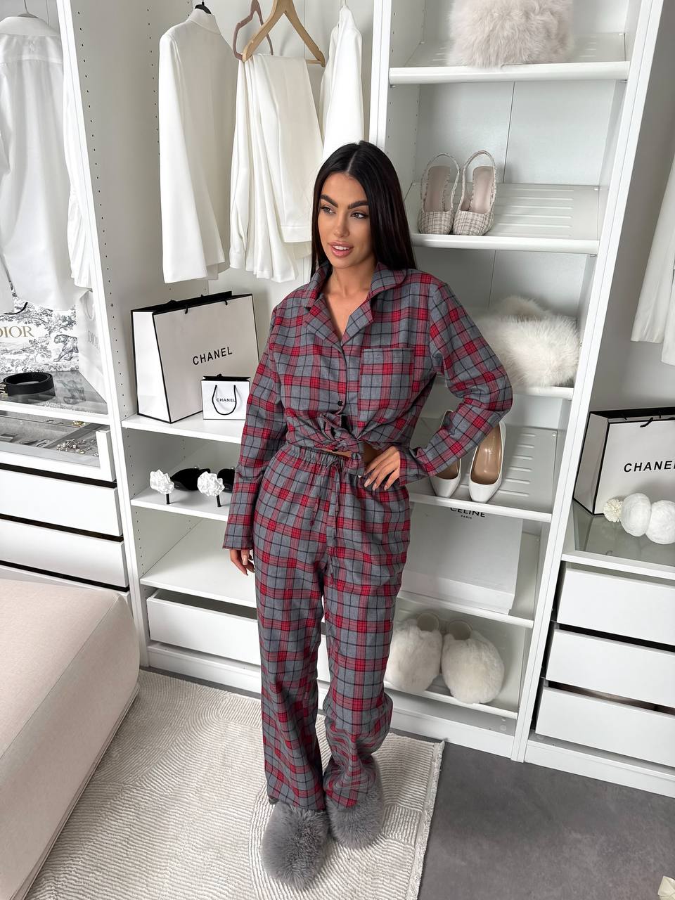 Жіночий домашній костюм в клiтину з фланелi бордового кольору  35926