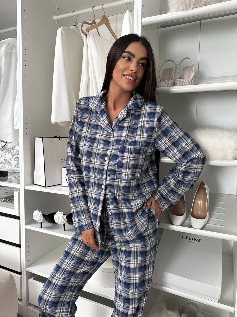 Жіночий домашній костюм в клiтину з фланелi темно-синього кольору  35920