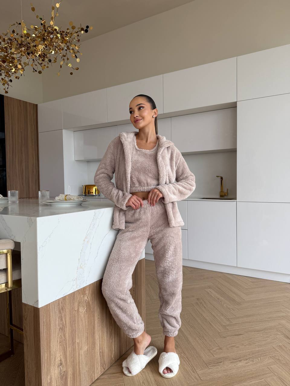 Жіночий домашній махровий костюм 3-ка бежевого кольору  35524