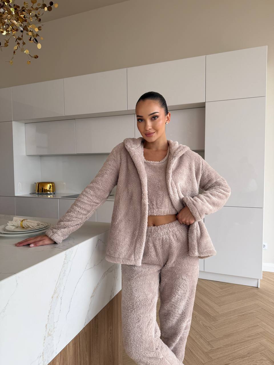 Жіночий домашній махровий костюм 3-ка бежевого кольору  35524