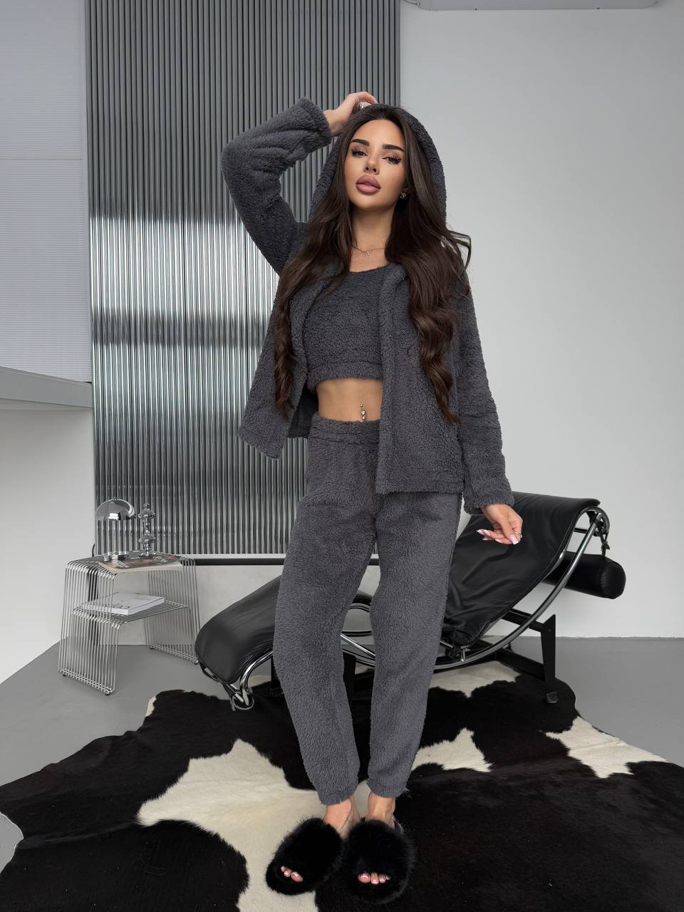 Жіночий домашній махровий костюм 3-ка графiтового кольору  35772