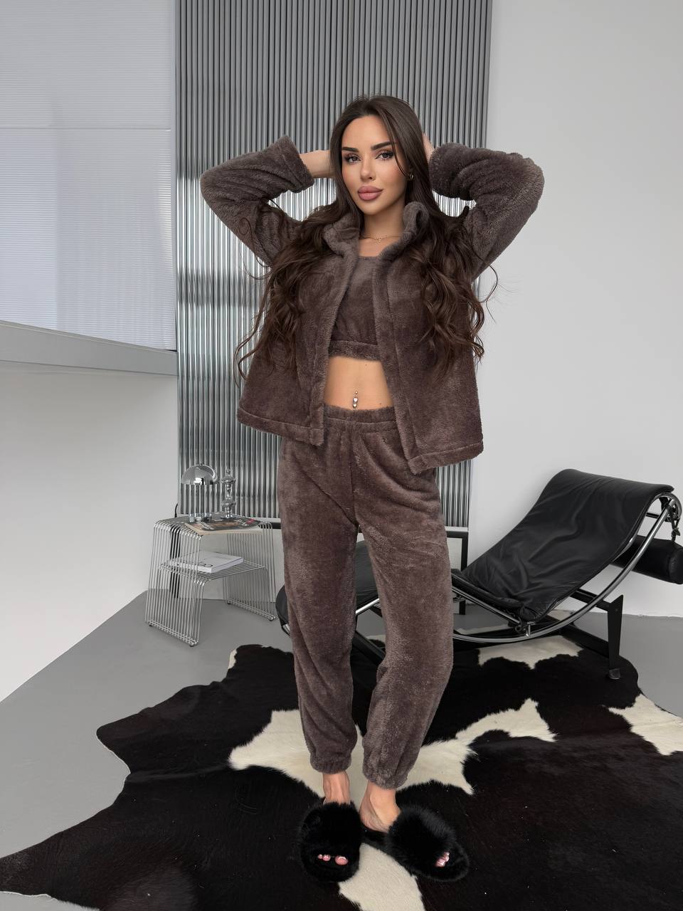 Жіночий домашній махровий костюм 3-ка коричневого кольору  35771