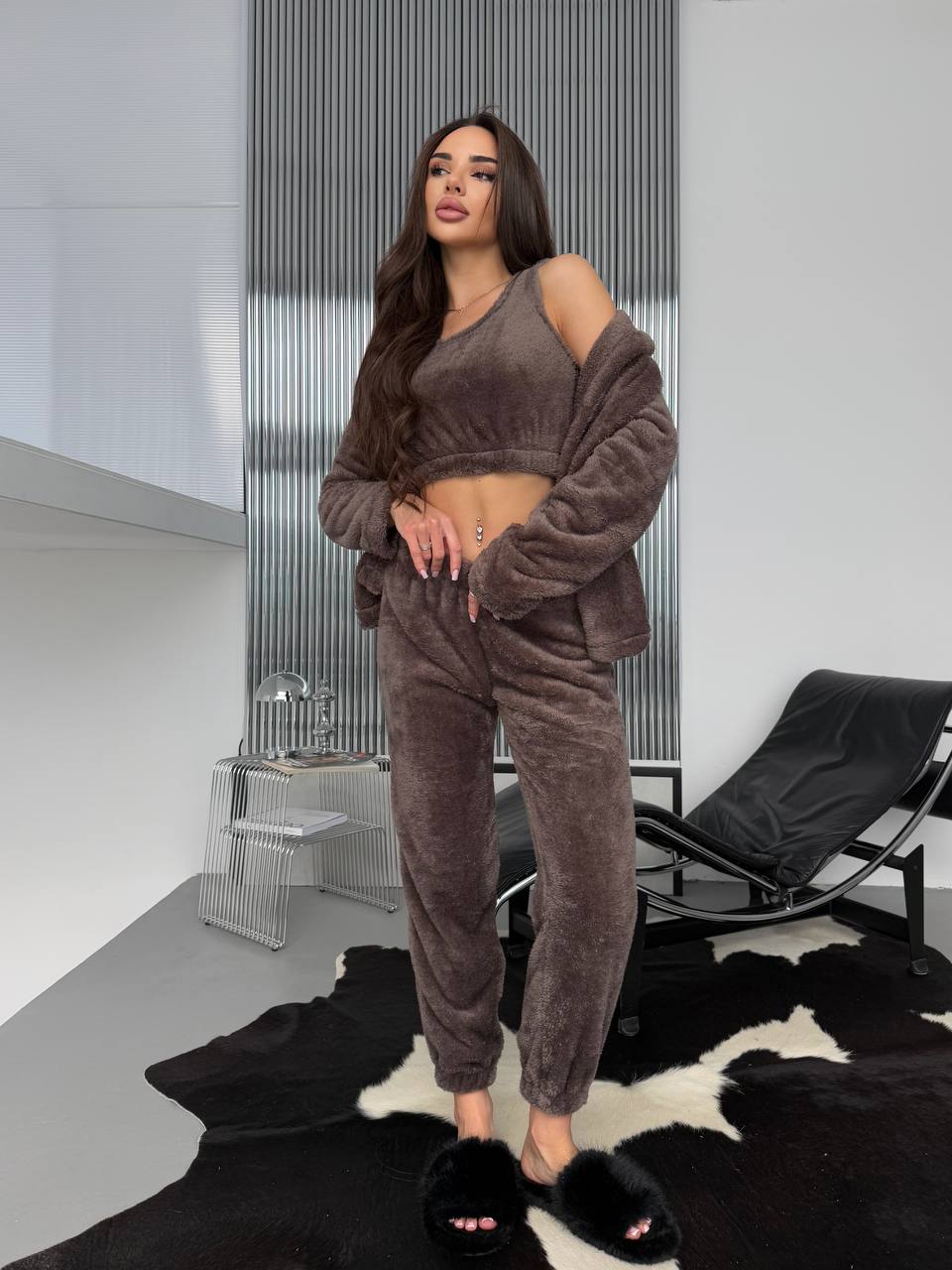 Жіночий домашній махровий костюм 3-ка коричневого кольору  35771
