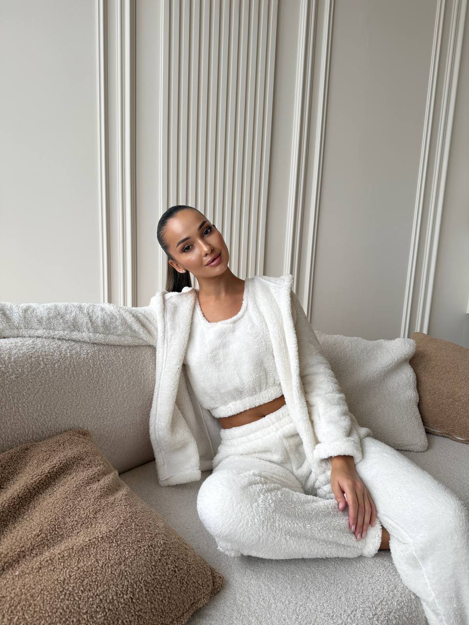 Жіночий домашній махровий костюм 3-ка молочного кольору  35523