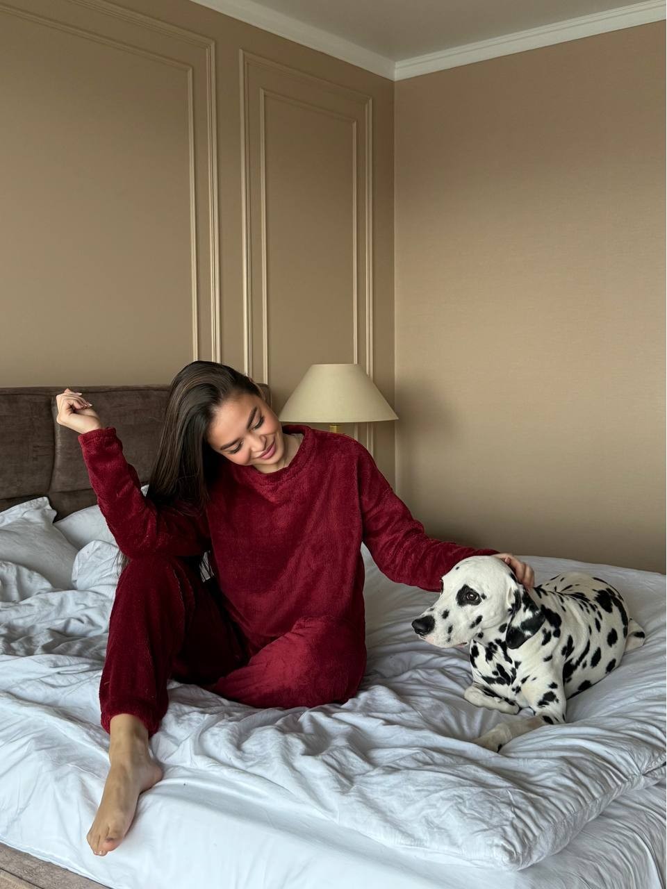 Жіночий домашній махровий костюм бордового кольору  34330