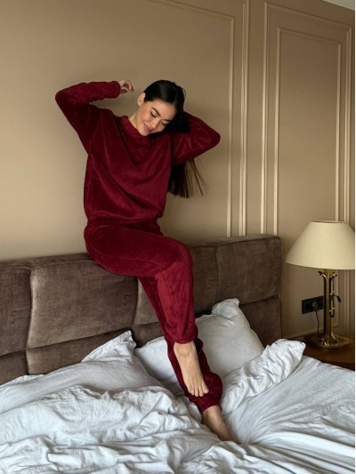 Жіночий домашній махровий костюм бордового кольору  34330