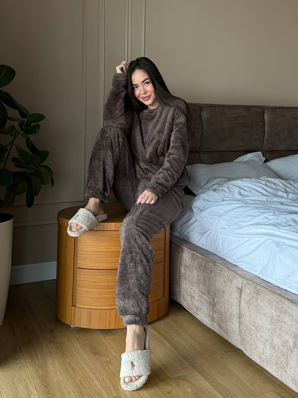 Жіночий домашній махровий костюм кавового кольору  34332