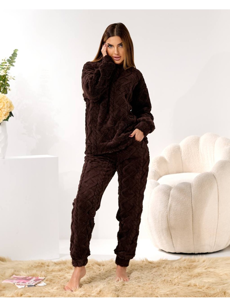Жіночий домашній махровий костюм коричневого кольору  35943