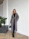 Жіночий довгий кардиган з поясом та кишенями графiтового кольору 35243