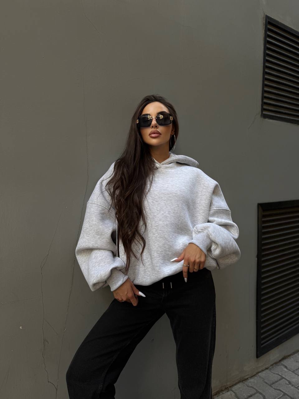 Жіночий худі з капюшоном на флiсi сірого кольору 34641