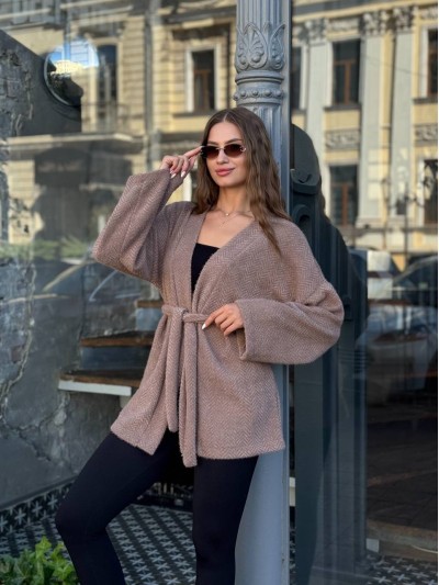Женский кардиган из альпаки с поясом кофейного цвета 35239