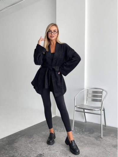 Женский кардиган с поясом черного цвета 34637