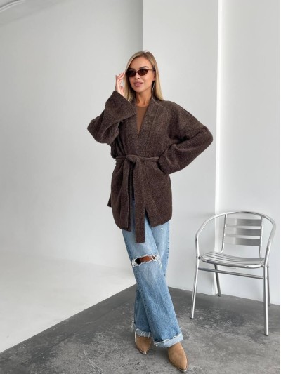 Женский кардиган с поясом коричневого цвета 34634