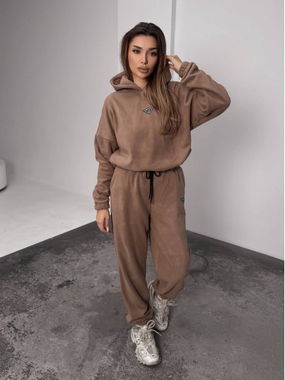 Жіночий костюм флісовий з капюшоном кавового кольору 35903