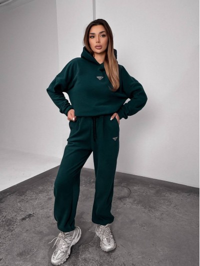 Жіночий костюм флісовий з капюшоном зеленого кольору 35902