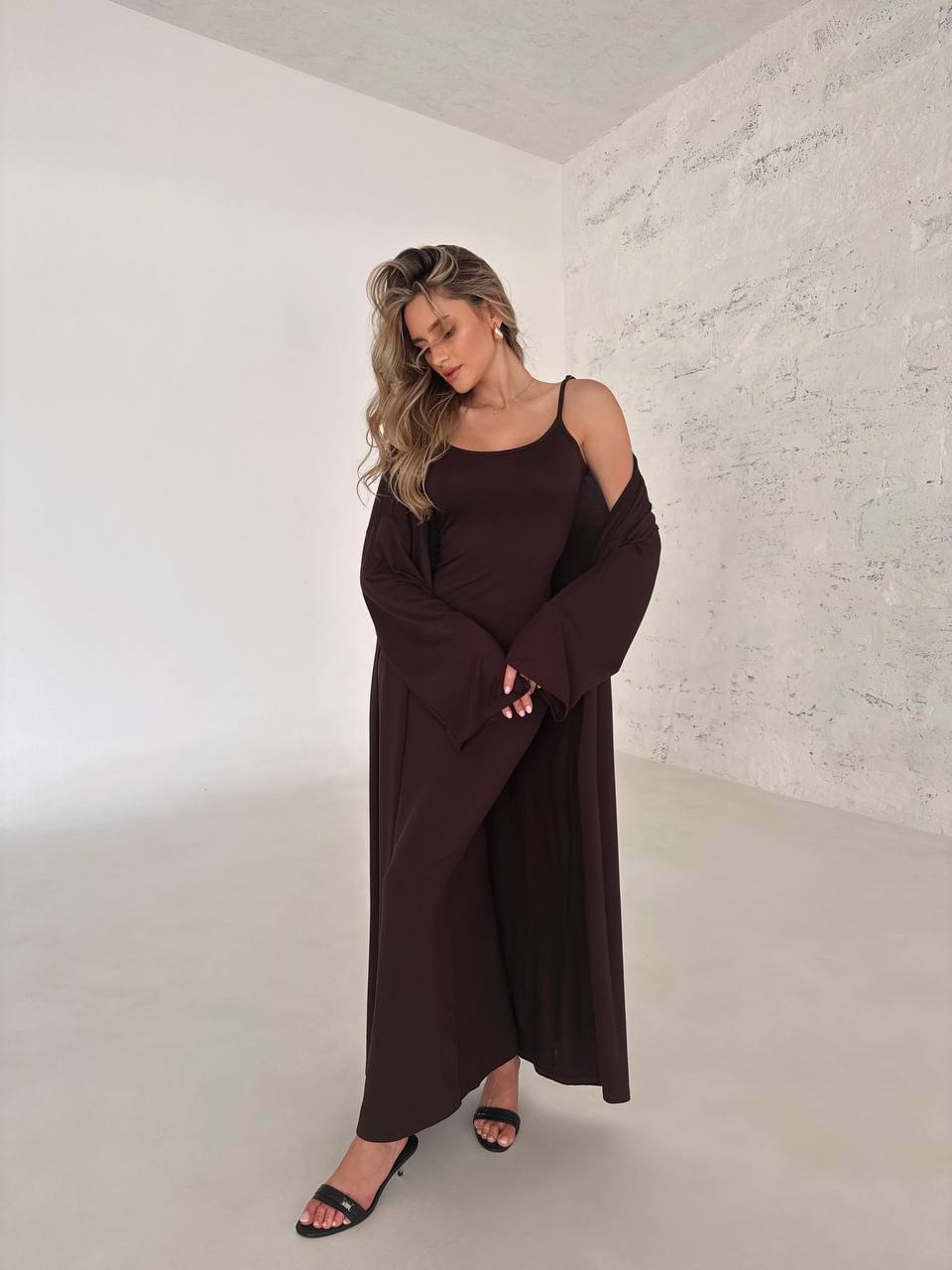 Жіночий костюм кардиган+сукня коричневого кольору 34597