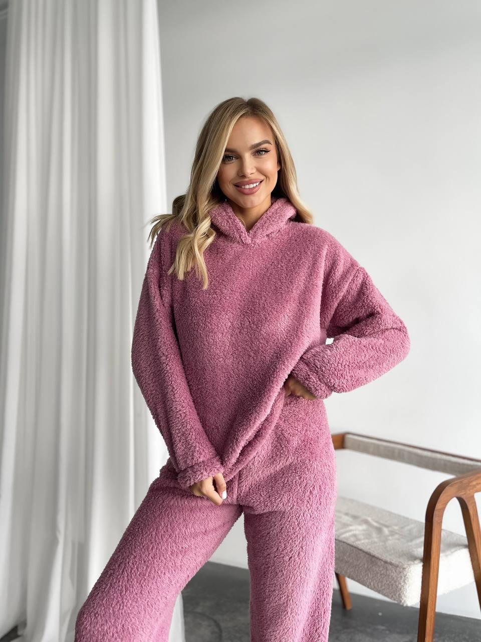 Женский махровый домашний костюм пудрового цвета 29414
