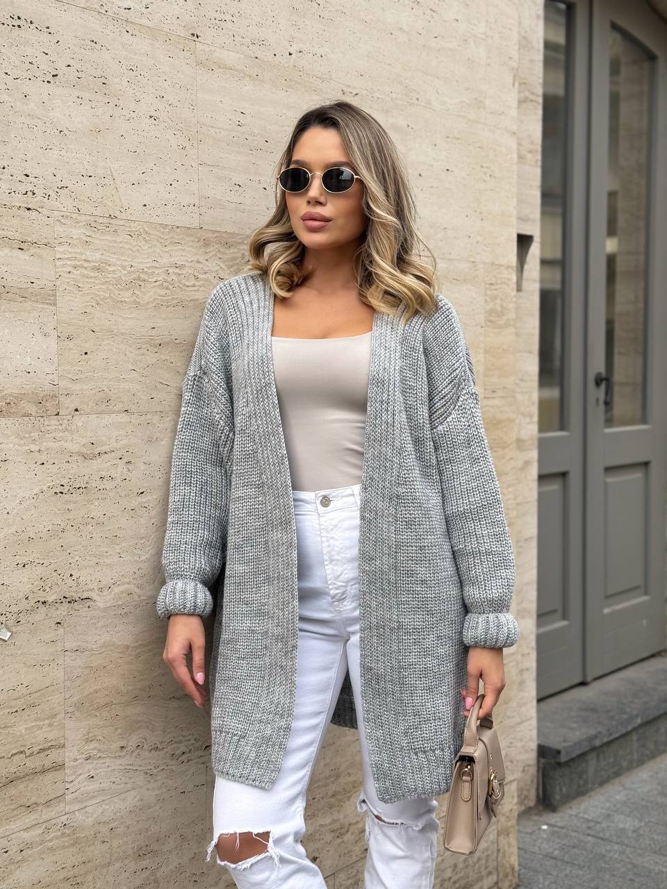 Женский полушерстяной кардиган серого цвета 31459