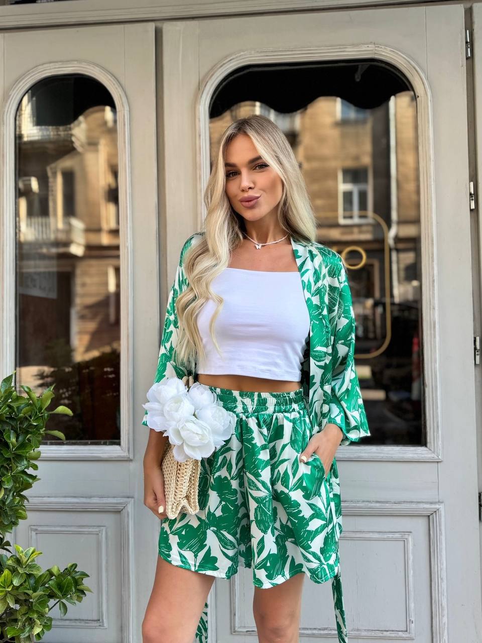 Женский шелковый костюм с кимоно зеленого цвета 33635