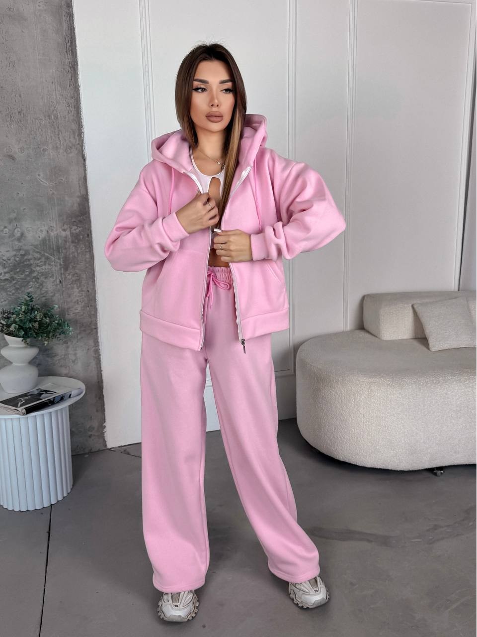 Женский спортивный костюм на флисе розового цвета 35753