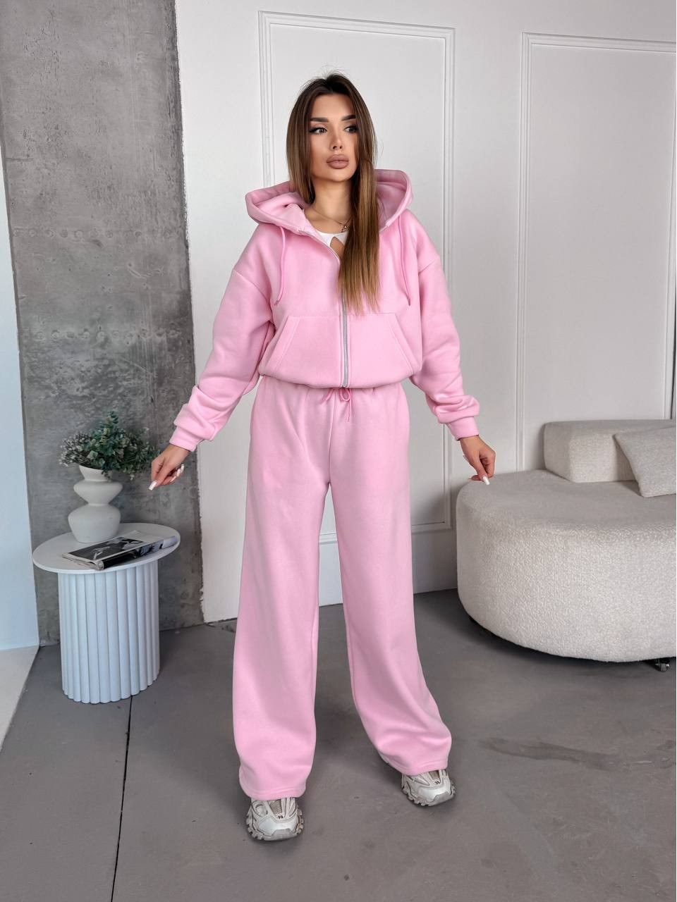 Женский спортивный костюм на флисе розового цвета 35753