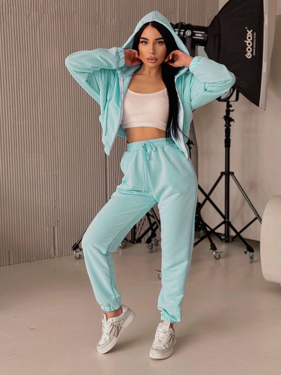 Женский спортивный костюм на змейке бирюзового цвета 32700