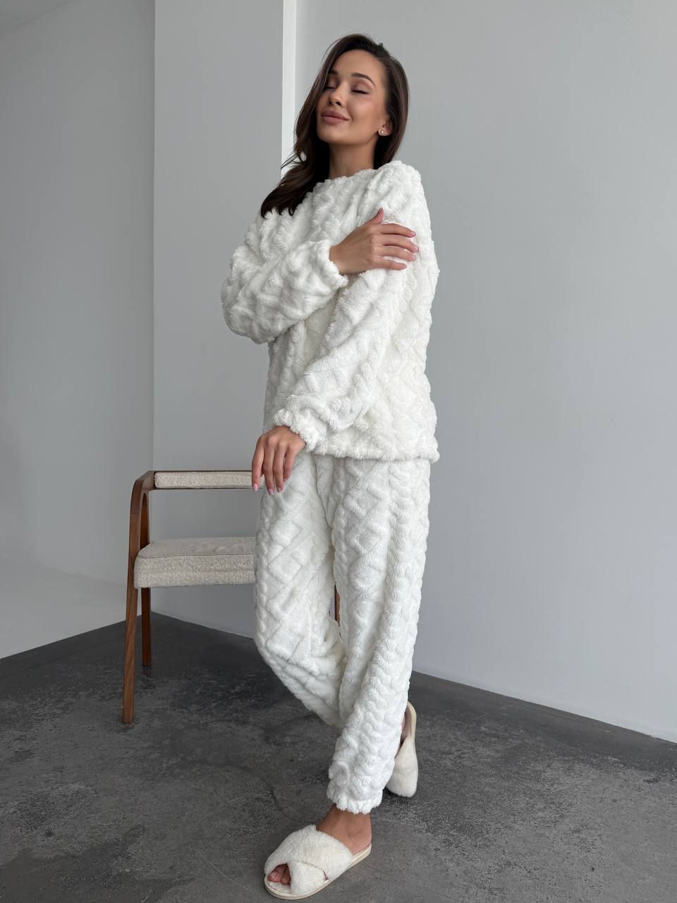 Жіночий теплий домашній костюм молочного кольору  35728