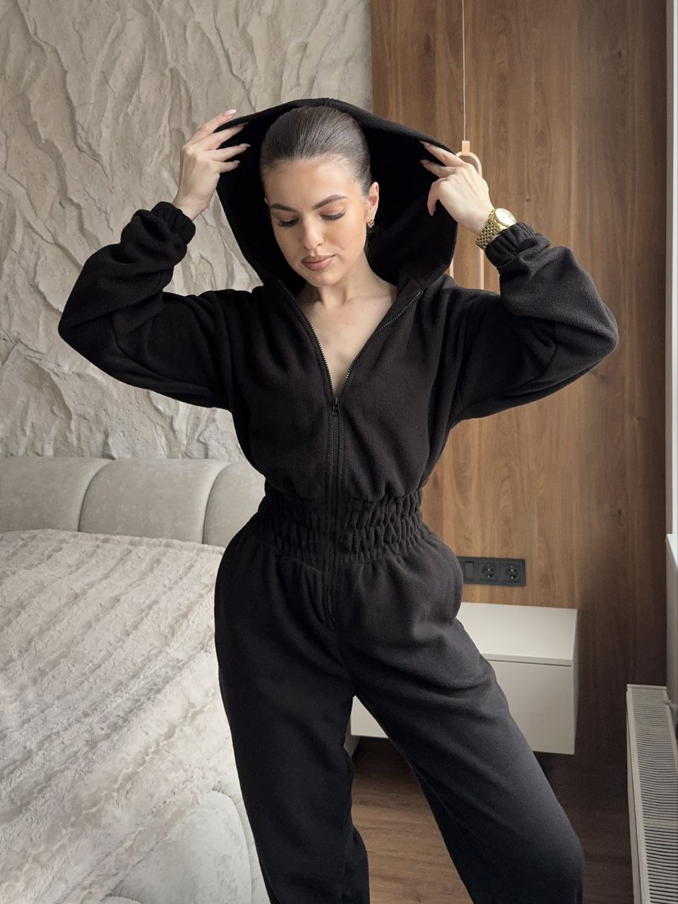 Жiночий теплий комбінезон iз флiса чорного кольору 35864