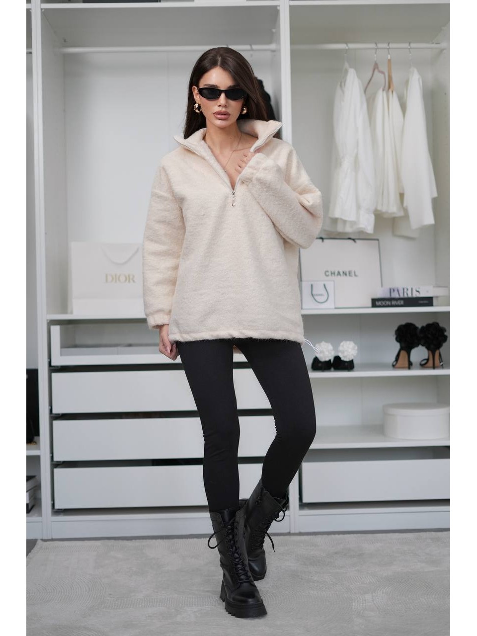 Женский теплый костюм (худи+лосины) черно-белого цвета 35701