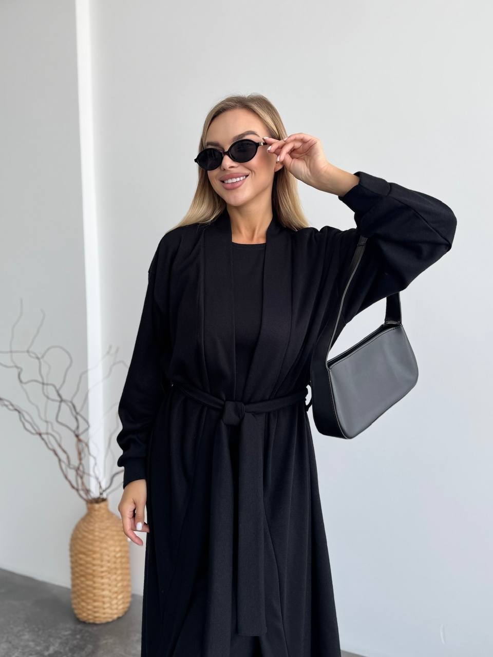 Жіночий теплий костюм кардиган+сукня чорного кольору 34892