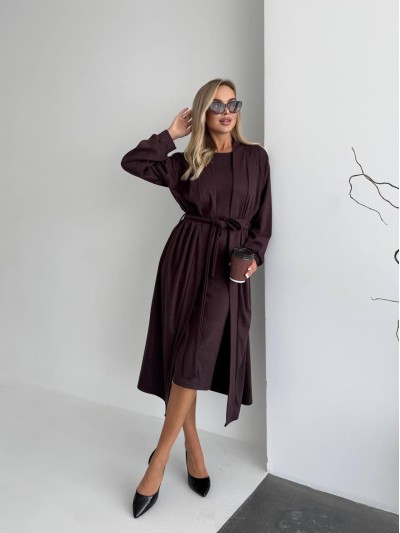 Жіночий теплий костюм кардиган+сукня коричневого кольору 34889