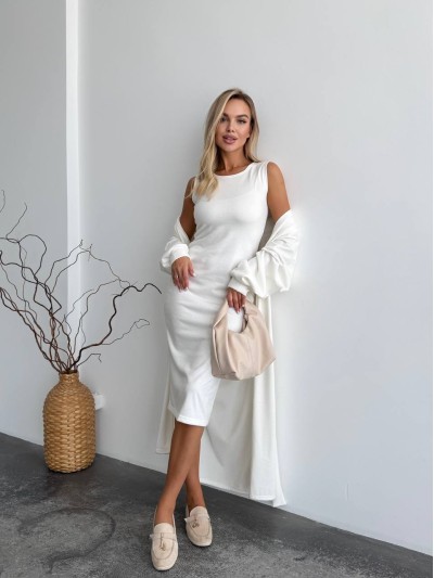Жіночий теплий костюм кардиган+сукня молочного кольору 34890