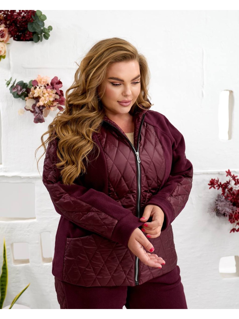 Жіночий теплий костюм штани джогери+куртка бордового кольору 35094