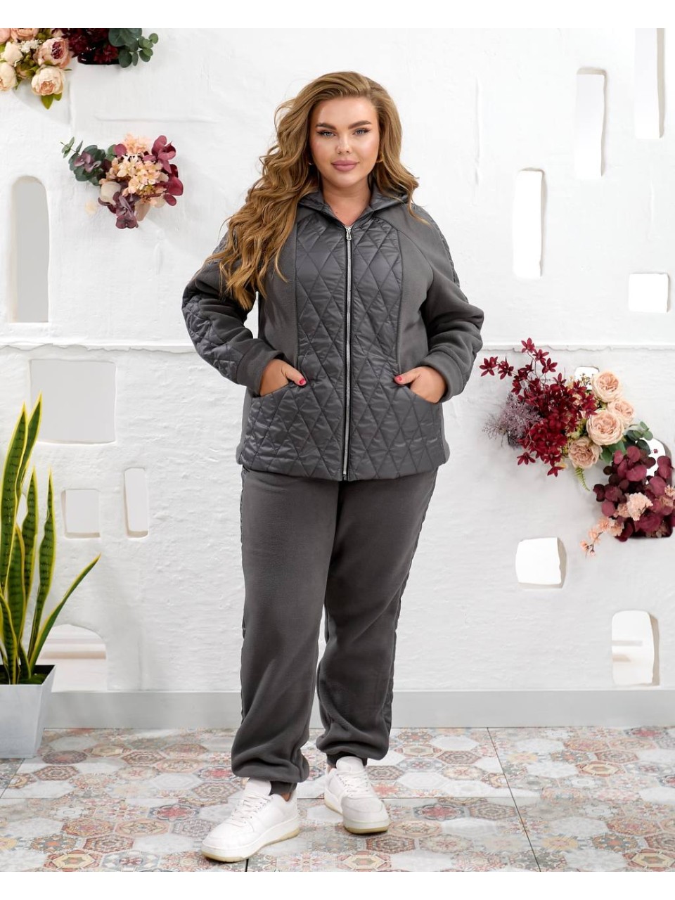 Жіночий теплий костюм штани джогери+куртка графiтового кольору 35097