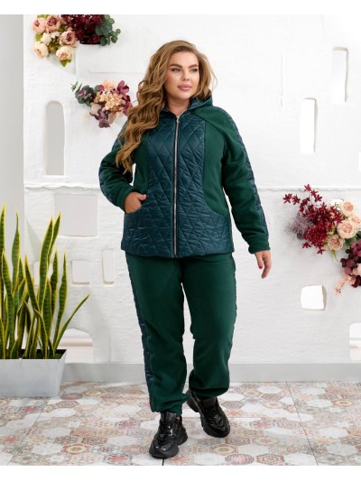 Жіночий теплий костюм штани джогери+куртка смарагдового кольору 35098