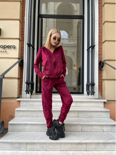 Жіночий велюровий костюм двійка бордового кольору 34579