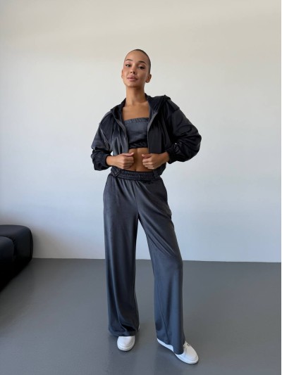 Жіночий велюровий костюм трійка графiтового кольору 34400