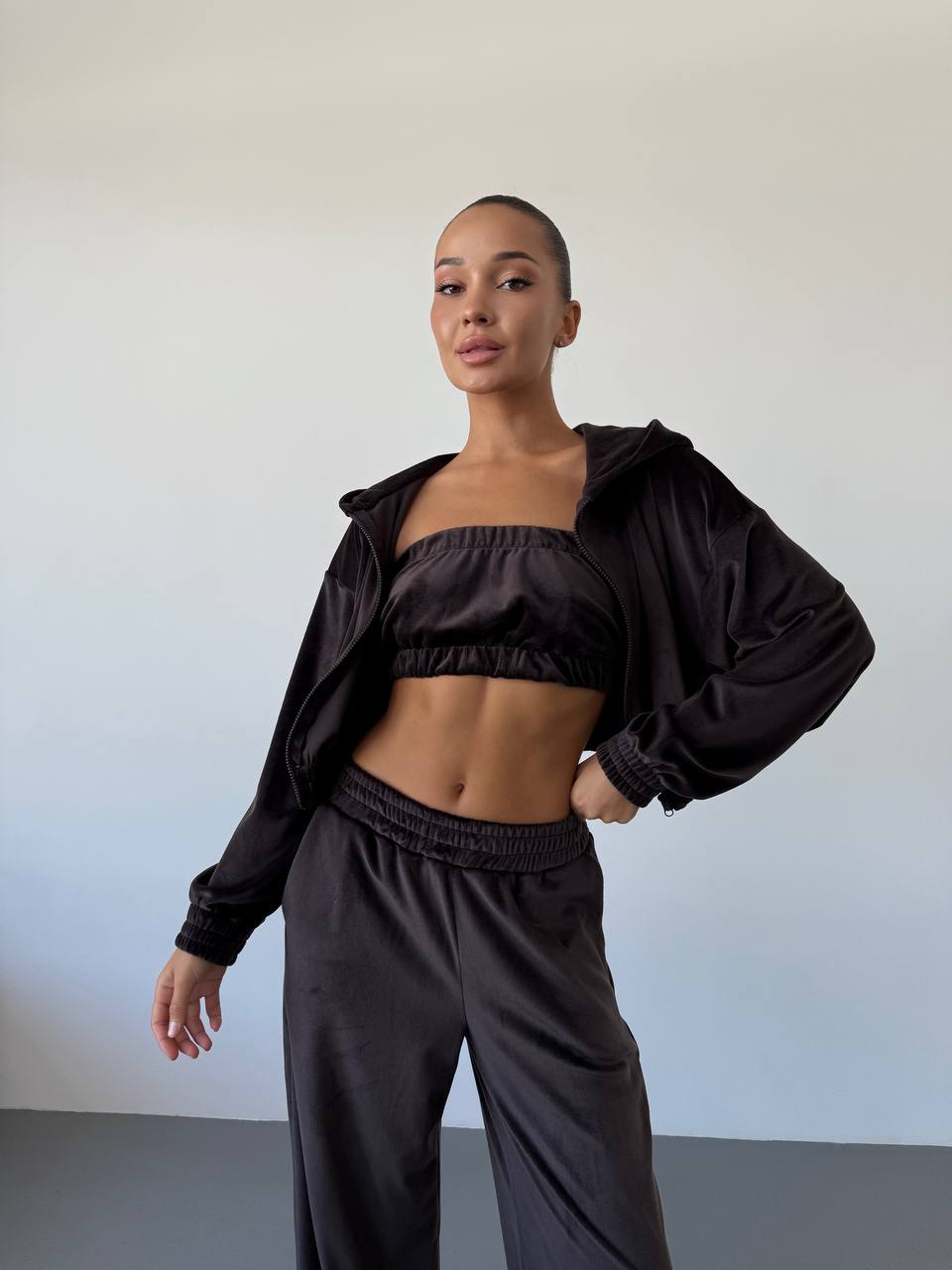 Жіночий велюровий костюм трійка коричневого кольору 34401