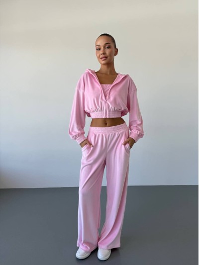 Жіночий велюровий костюм трійка рожевого кольору 34399