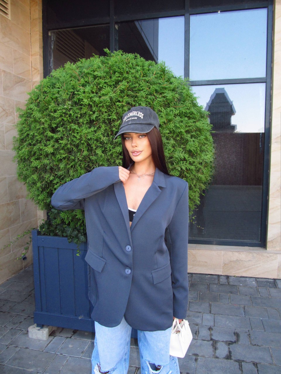 Женский свободный пиджак графитового цвета 34393